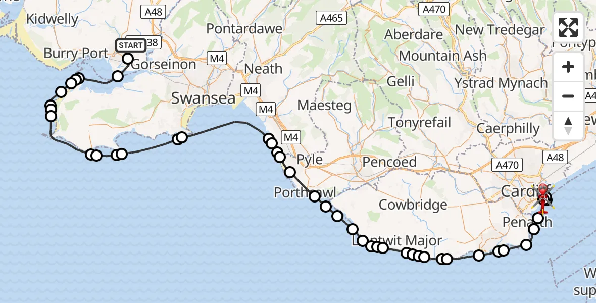 Flight route map: Air Ambulance Helicopter to Cardiff Heliport, Cardiff Heliport