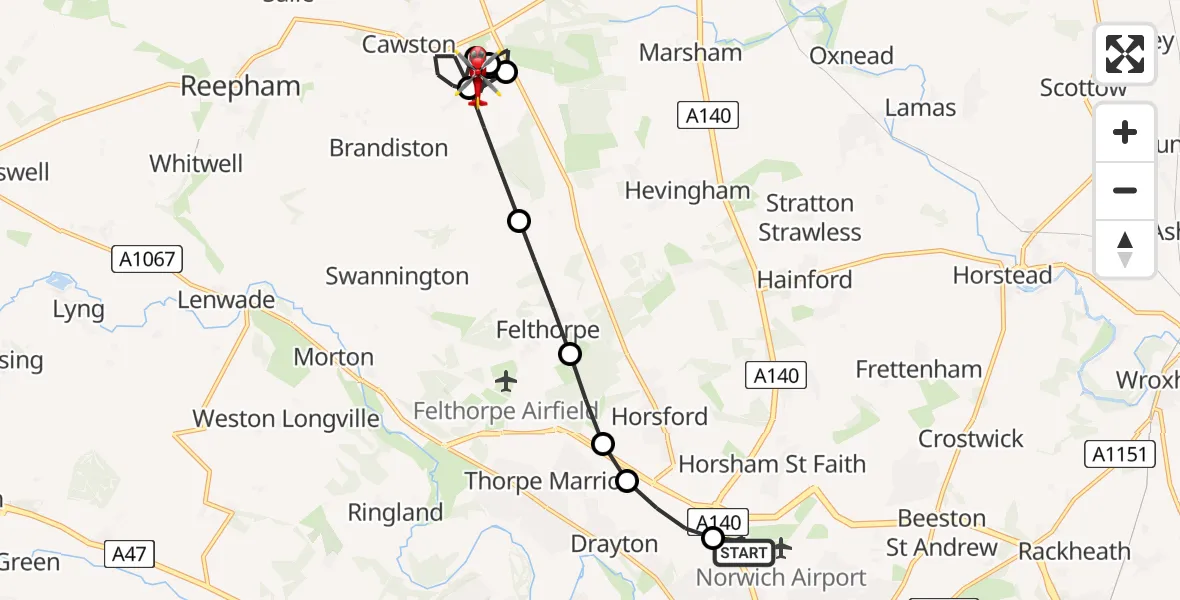 Flight route map: Air Ambulance Helicopter to Cawston, Back Lane