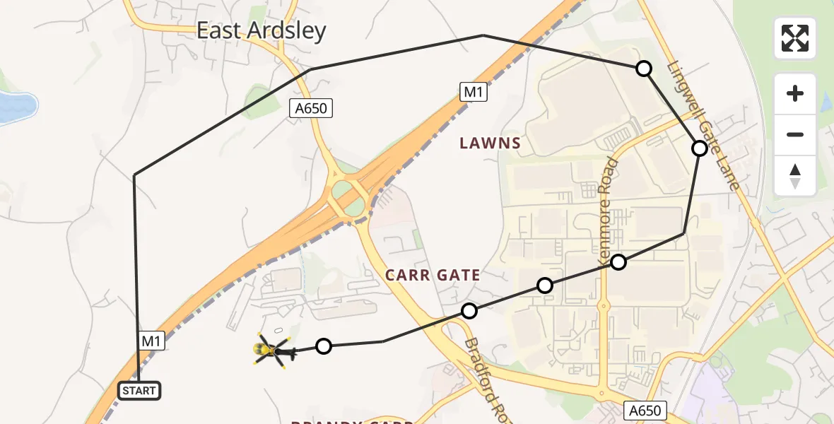 Flight route map: Police Helicopter to East Ardsley, Stoney Lane