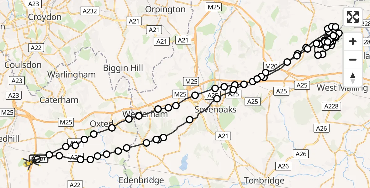 Flight route map: Police Helicopter to South Nutfield, M23