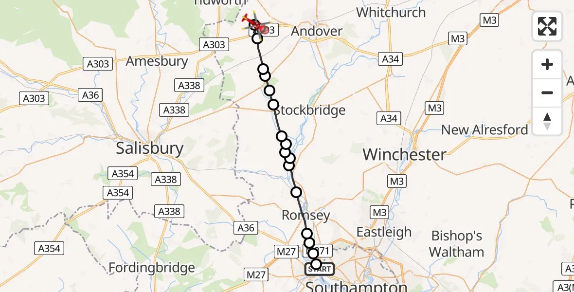 Flight route map: Air Ambulance Helicopter to Kimpton, Snoddington Lane