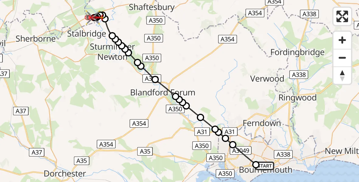 Flight route map: Air Ambulance Helicopter to Henstridge Airfield, Henstridge Airfield