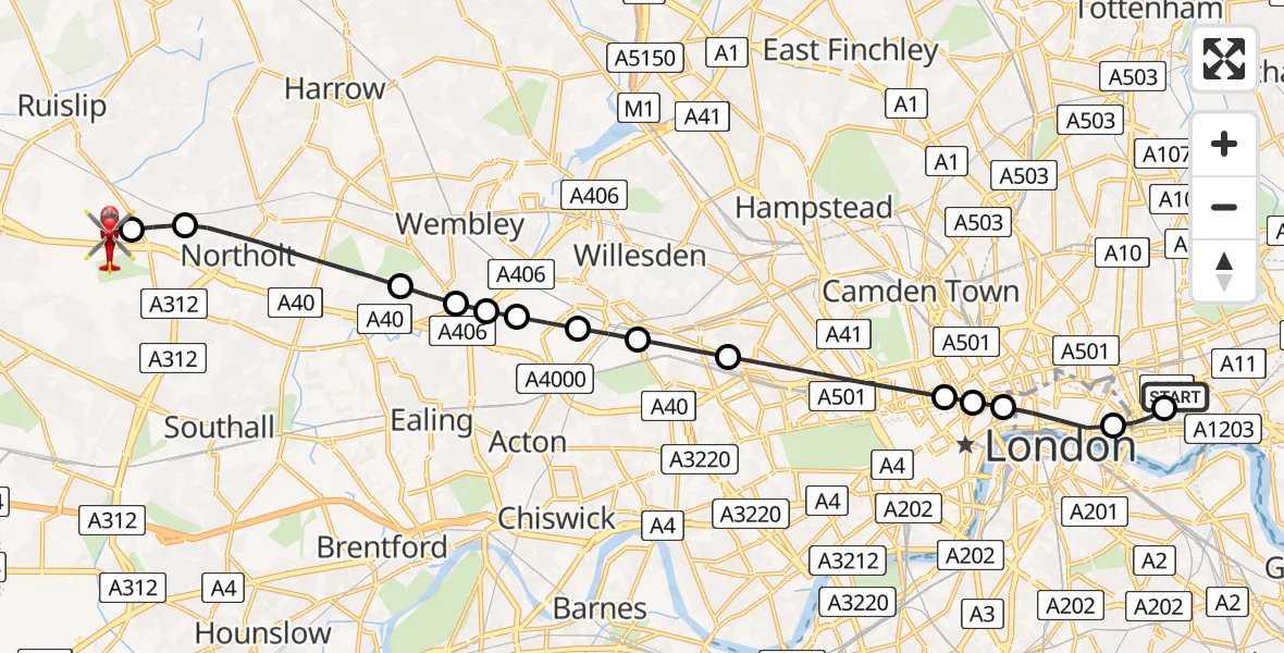 Flight route map: Air Ambulance Helicopter to RAF Northolt, RAF Northolt