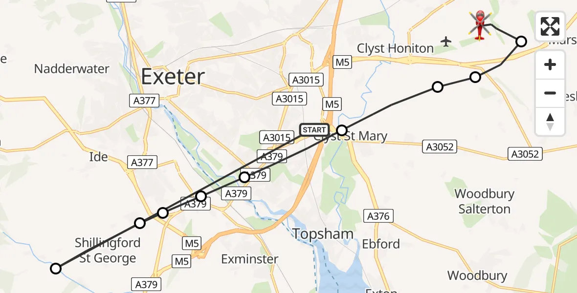 Flight route map: Air Ambulance Helicopter to Rockbeare, Westcott Road