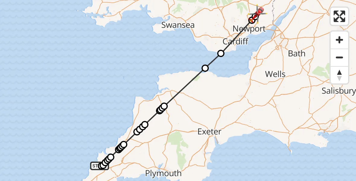 Flight route map: Air Ambulance Helicopter to Usk, Maryport Street