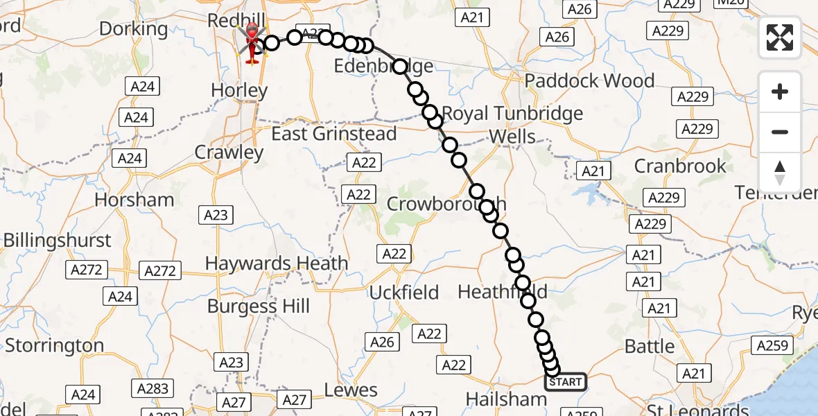 Flight route map: Air Ambulance Helicopter to Redhill Aerodrome, Redhill Aerodrome