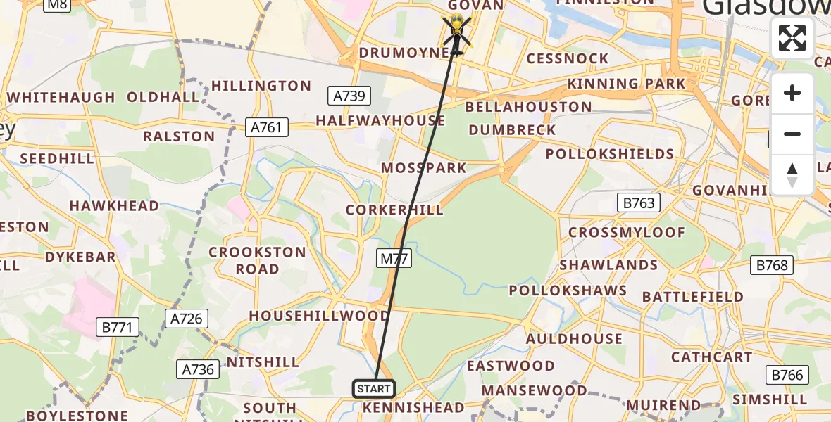 Flight route map: Police Helicopter to Glasgow, Loanbank Quadrant