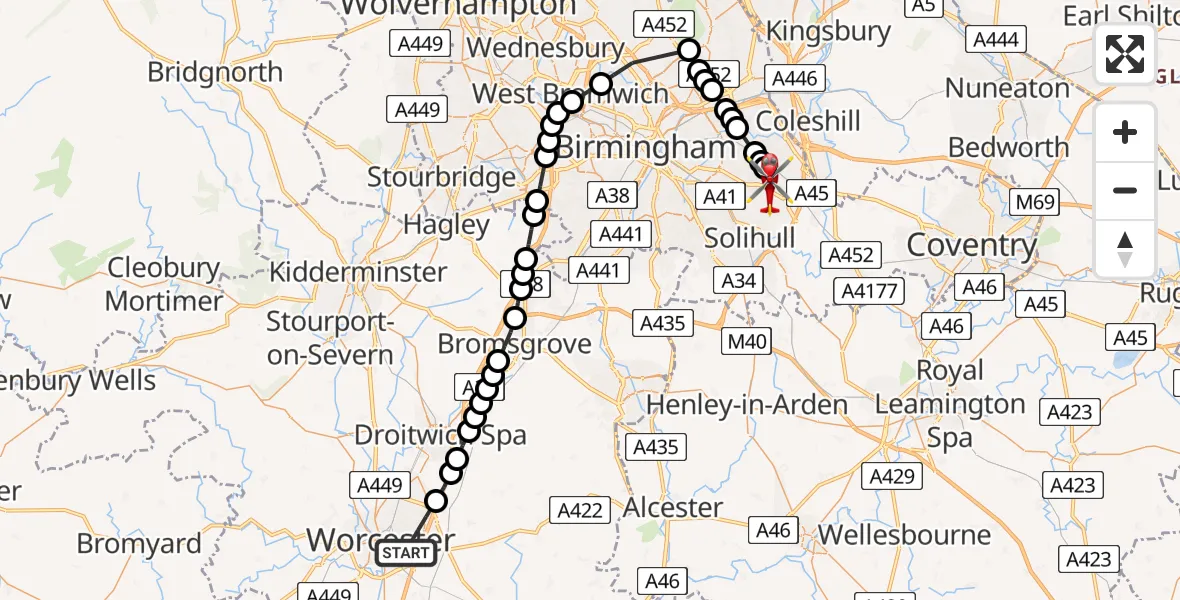 Flight route map: Air Ambulance Helicopter to Birmingham Airport, Birmingham Airport