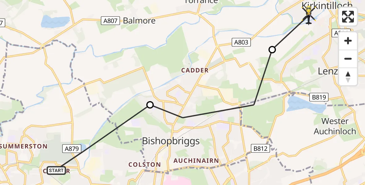 Flight route map: Police Helicopter to Kirkintilloch, Bellfield Road
