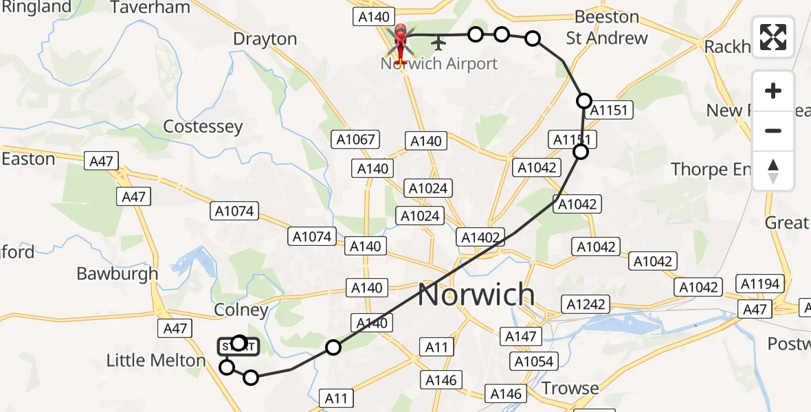 Flight route map: Air Ambulance Helicopter to Norwich Airport, Norwich Airport