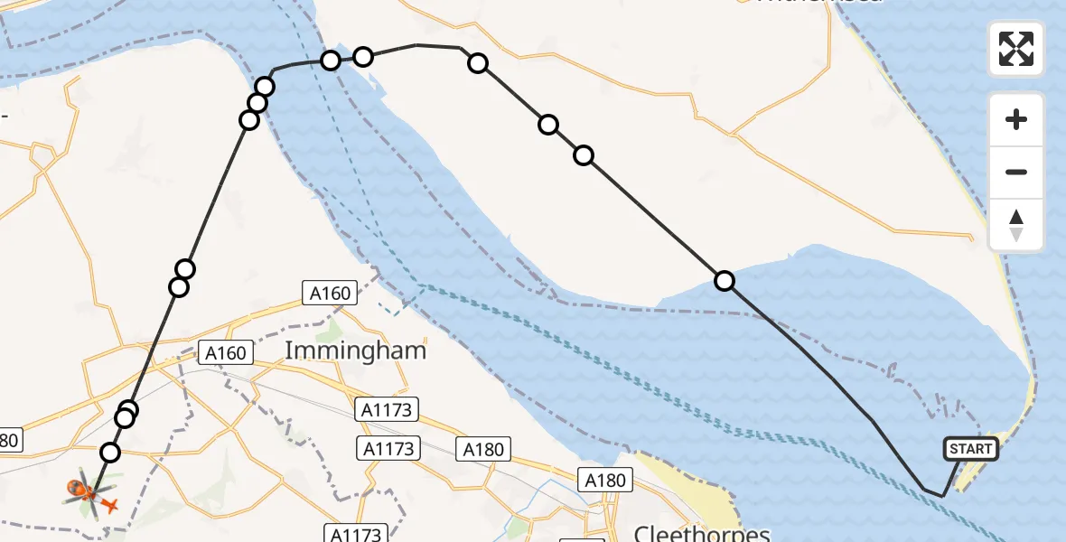 Flight route map: Coastguard Helicopter to Humberside Airport, Humberside Airport