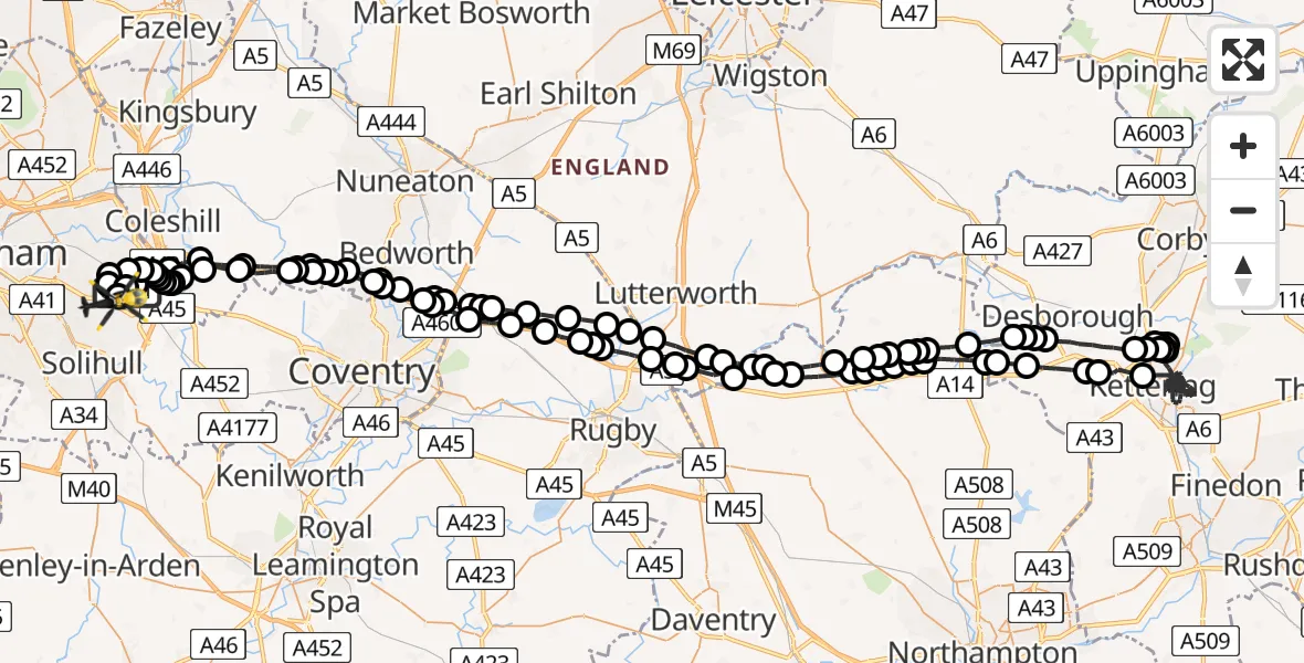 Flight route map: Police Helicopter to Birmingham Airport, Birmingham Airport
