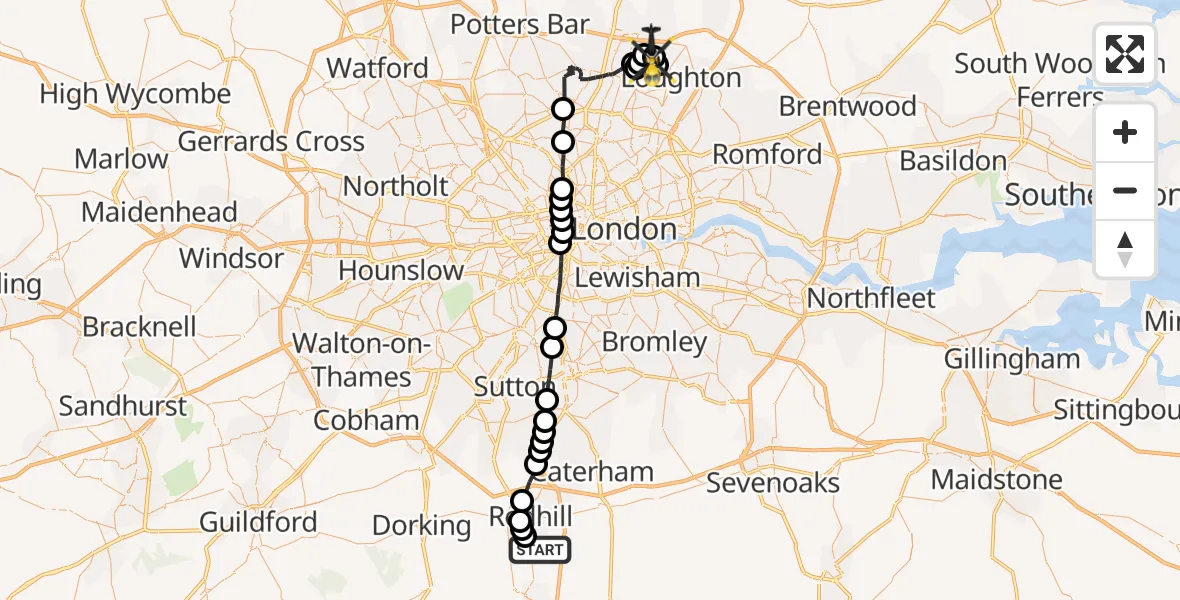 Flight route map: Police Helicopter to Epping Forest, Mott Street