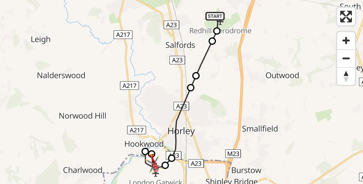 Flight route map: Air Ambulance Helicopter to London Gatwick Airport, London Gatwick Airport