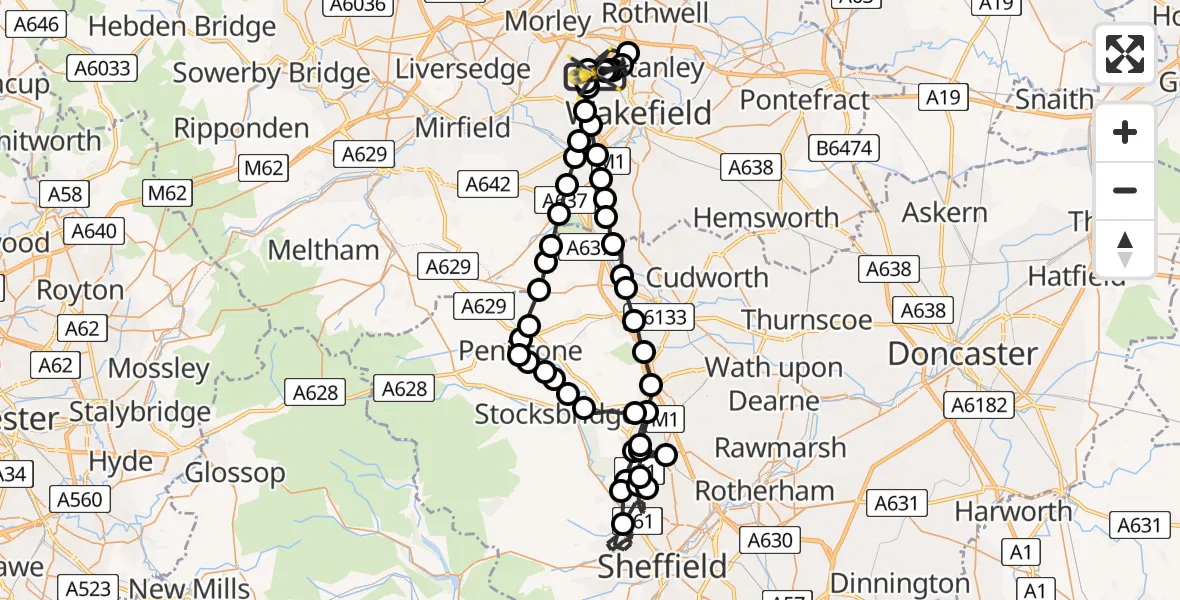 Routekaart van de vlucht: Police Helicopter to East Ardsley, Stoney Lane