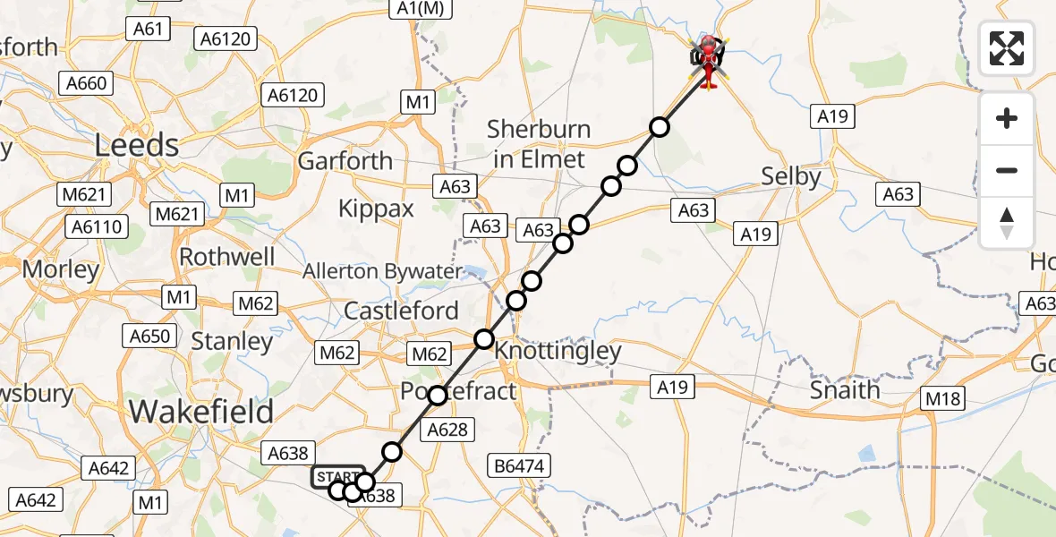 Flight route map: Air Ambulance Helicopter to Cawood, Thorpe Lane