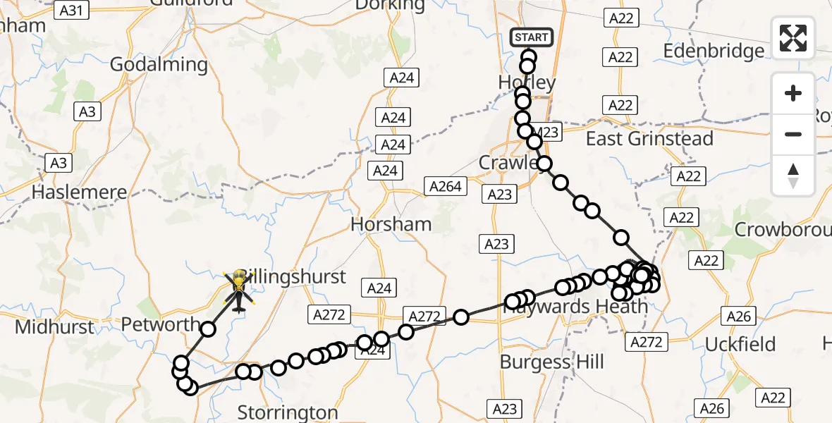 Flight route map: Police Helicopter to Wisborough Green, Lowfold Farm