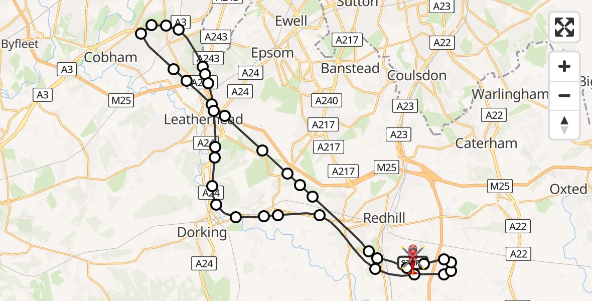 Routekaart van de vlucht: Air Ambulance Helicopter on its way from Redhill Aerodrome