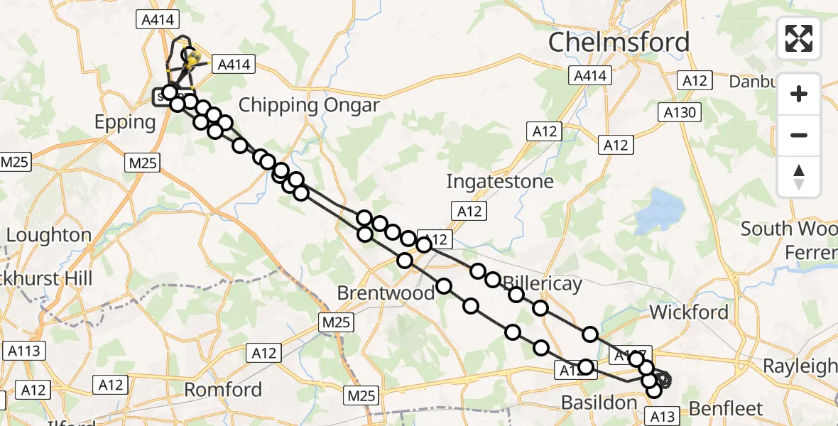 Flight route map: Police Helicopter to North Weald Airfield, North Weald Airfield