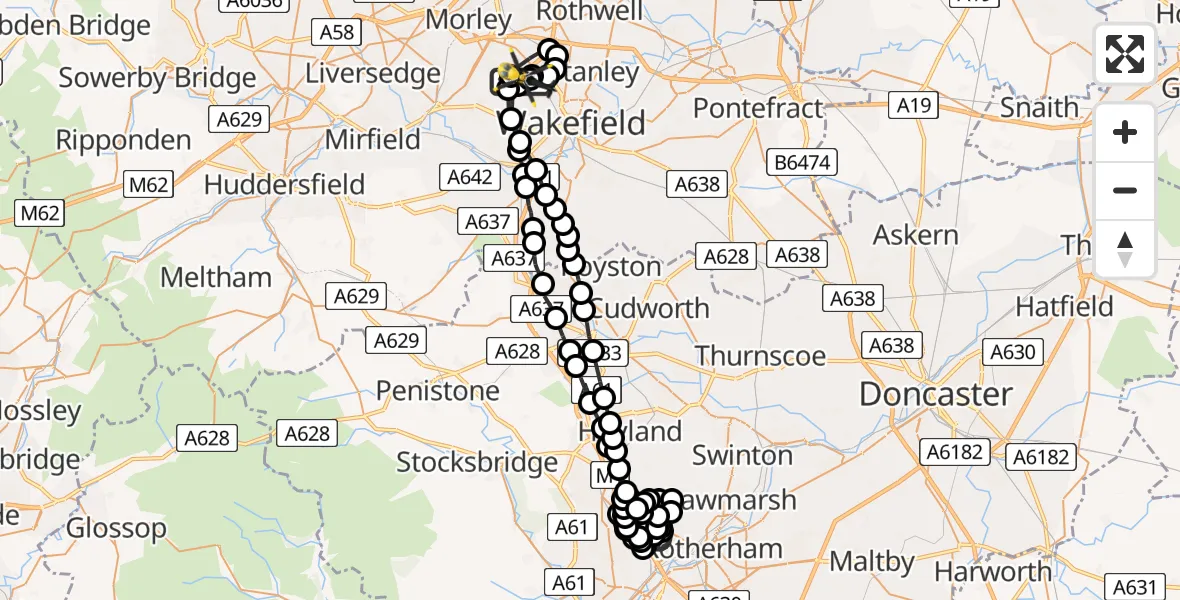 Flight route map: Police Helicopter to East Ardsley, Stoney Lane