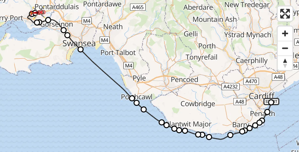 Flight route map: Air Ambulance Helicopter to Dafen, Heol Aur