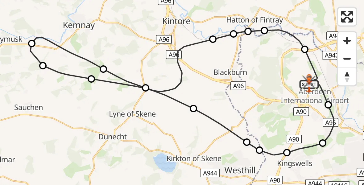 Flight route map: Coastguard Helicopter to Aberdeen International Airport, Aberdeen International Airport