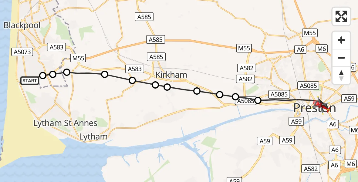 Flight route map: Air Ambulance Helicopter to Preston, Queen Street