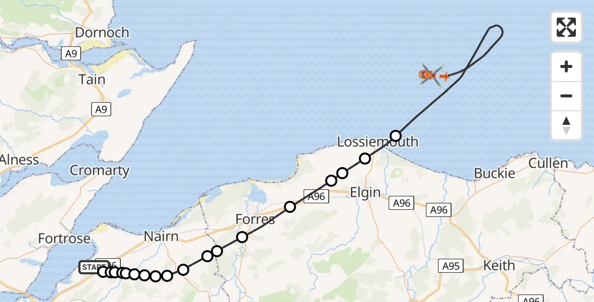 Flight route map: Coastguard Helicopter to North Sea, North Sea