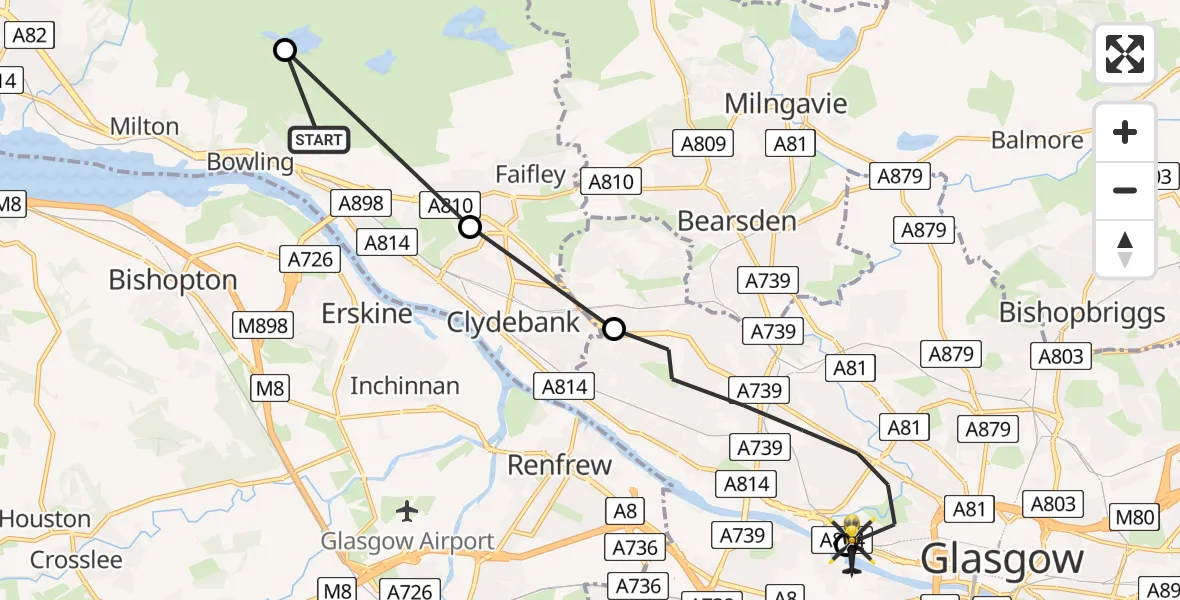 Flight path map showing Police Helicopter route from Old Kilpatrick to Glasgow City Heliport