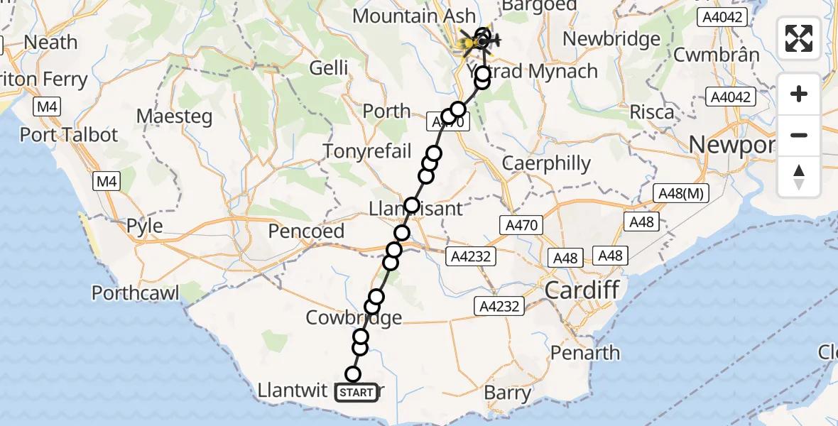 Flight route map: Police Helicopter to Treharris, Heol y Glyn
