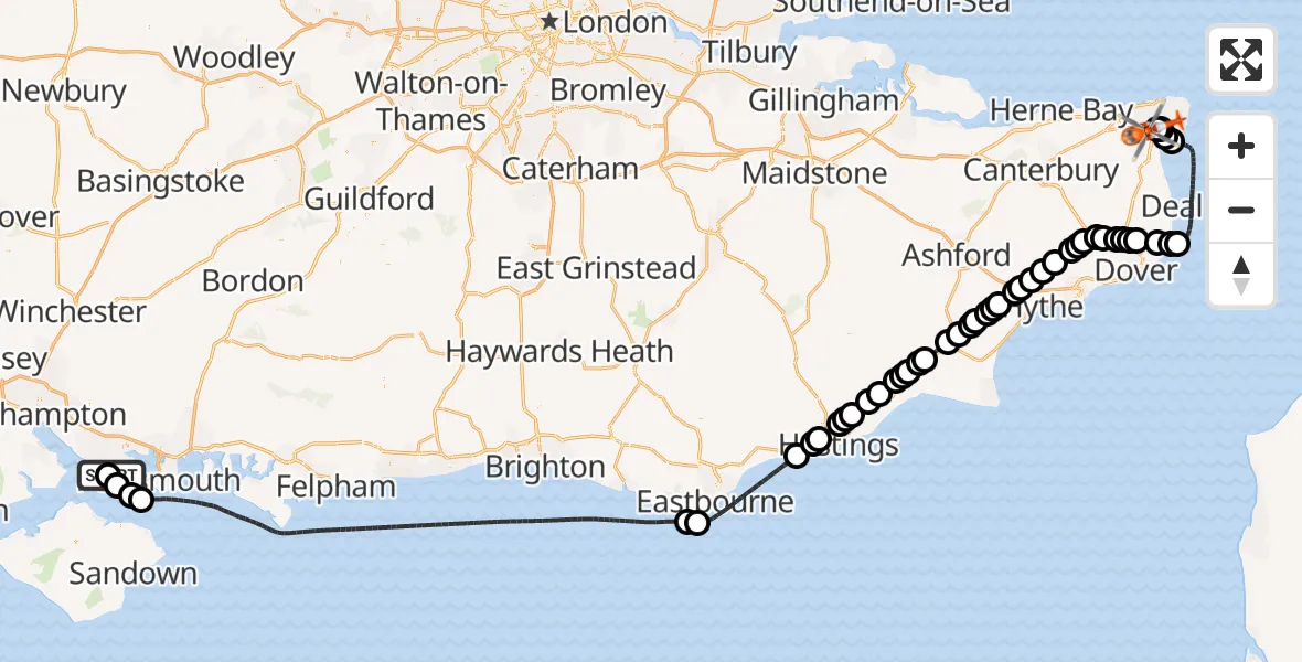 Flight route map: Coastguard Helicopter to Manston Airport, Manston Airport