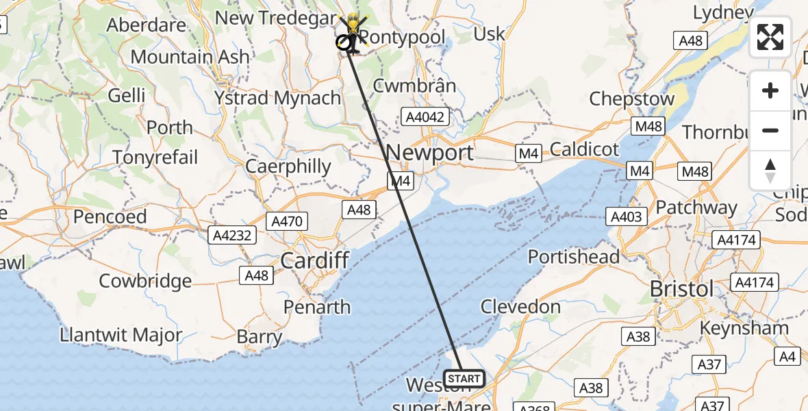Flight route map: Police Helicopter to Llanhilleth, Maescnew Farm Lane