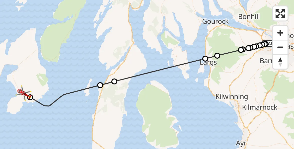 Flight route map: Air Ambulance Helicopter to Port Ellen, Glasgow Airport