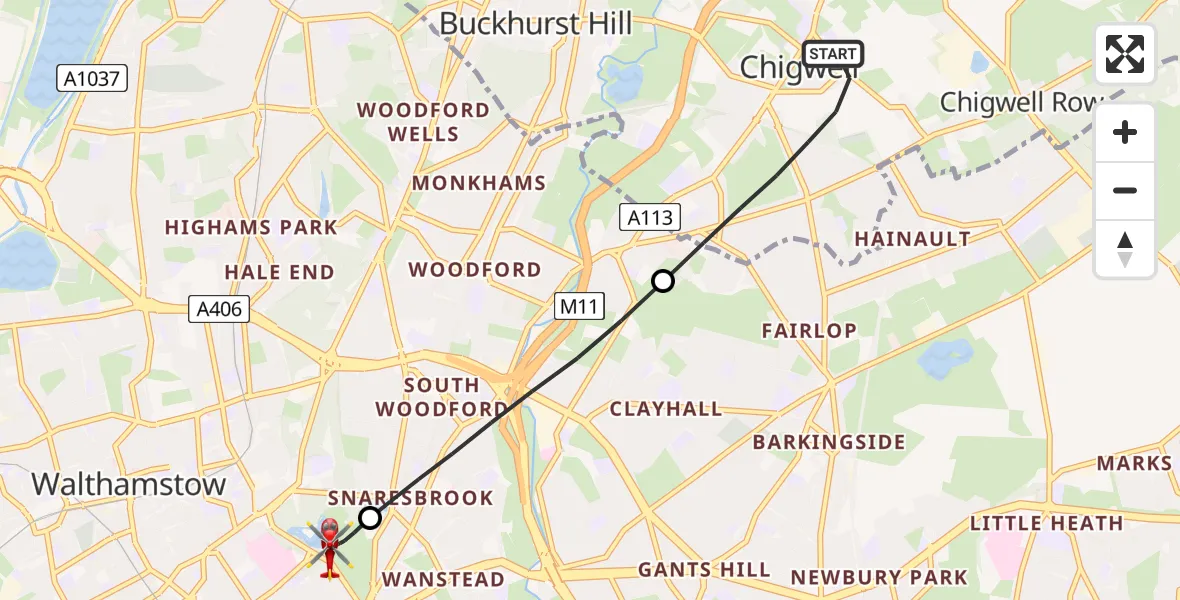 Routekaart van de vlucht: Air Ambulance Helicopter to London Borough of Waltham Forest, Whipps Cross Road