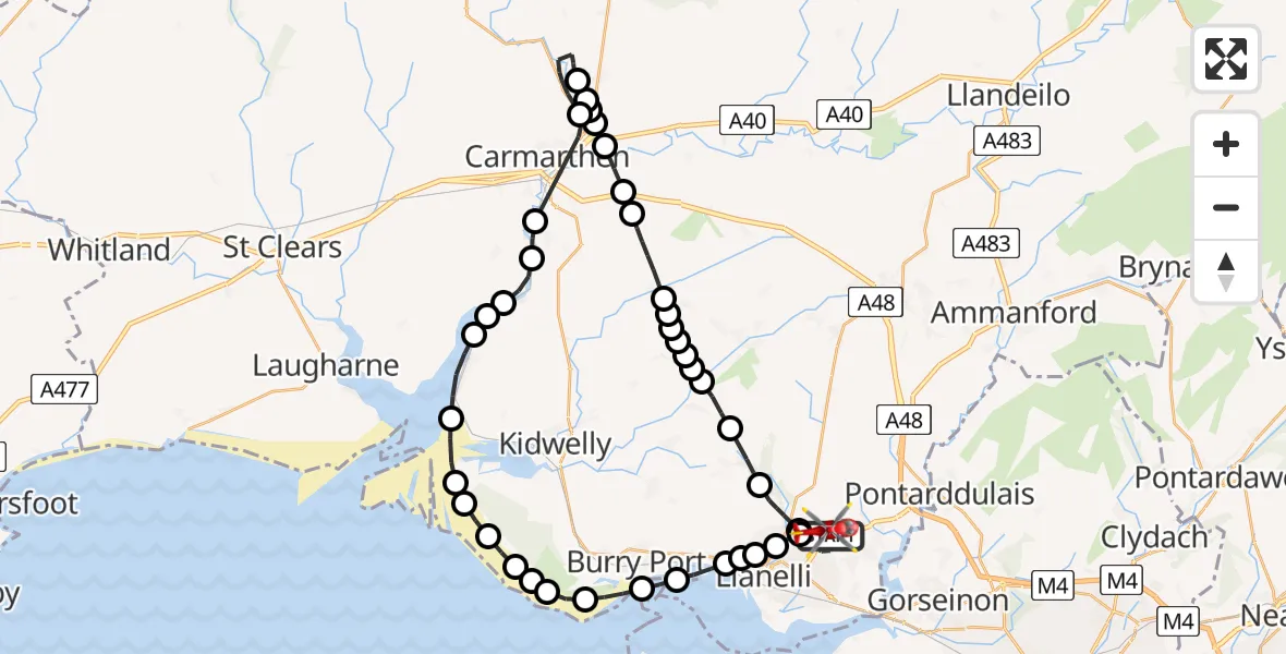 Flight route map: Air Ambulance Helicopter to Dafen, Heol Aur