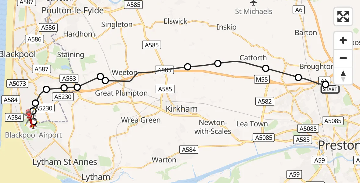 Flight route map: Air Ambulance Helicopter to Blackpool Airport, Blackpool Airport