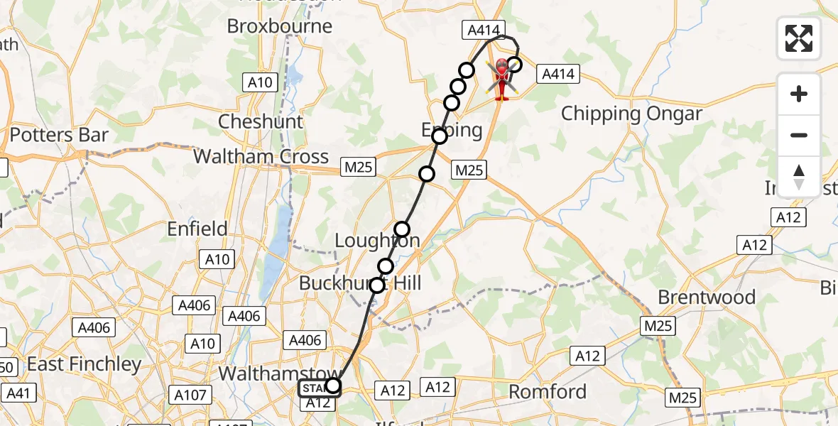Flight path map showing Air Ambulance Helicopter route from London Borough of Waltham Forest to North Weald Airfield