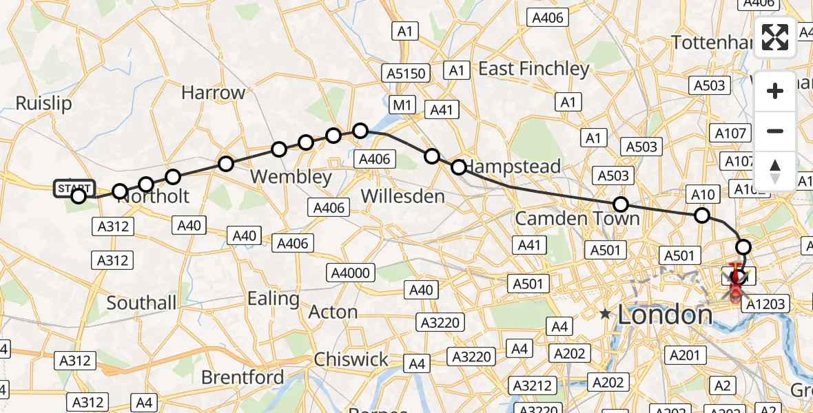 Flight path map showing Air Ambulance Helicopter route from RAF Northolt to Royal London Hospital