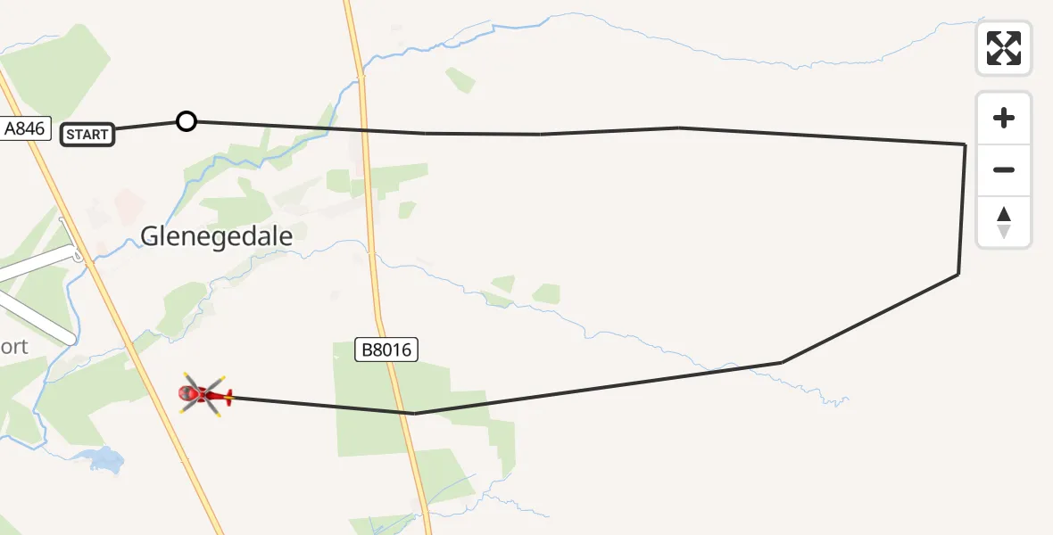 Flight path map showing Air Ambulance Helicopter route from Islay Airport to Glenegedale