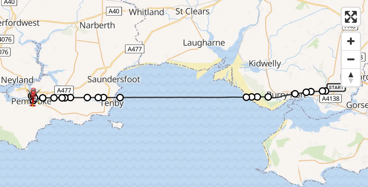 Flight path map showing Air Ambulance Helicopter route from Dafen to Monkton