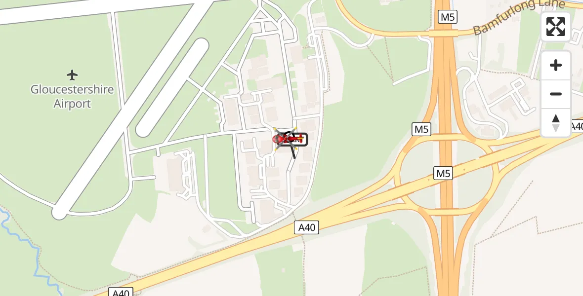 Flight path map showing Air Ambulance Helicopter route from Gloucestershire Airport to Tewkesbury