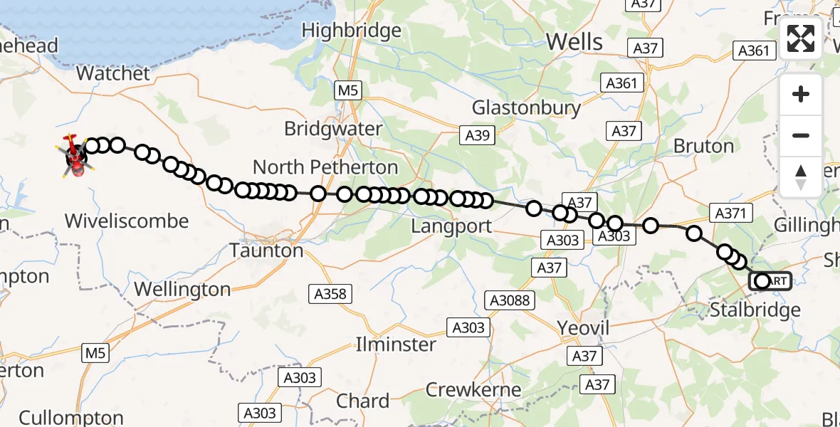 Flight path map showing Air Ambulance Helicopter route from Henstridge Airfield to Old Cleeve