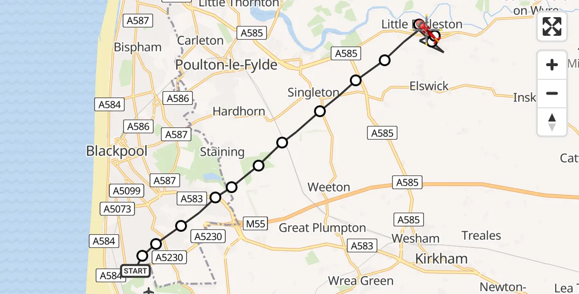 Flight path map showing Air Ambulance Helicopter route from Blackpool Airport to Little Eccleston