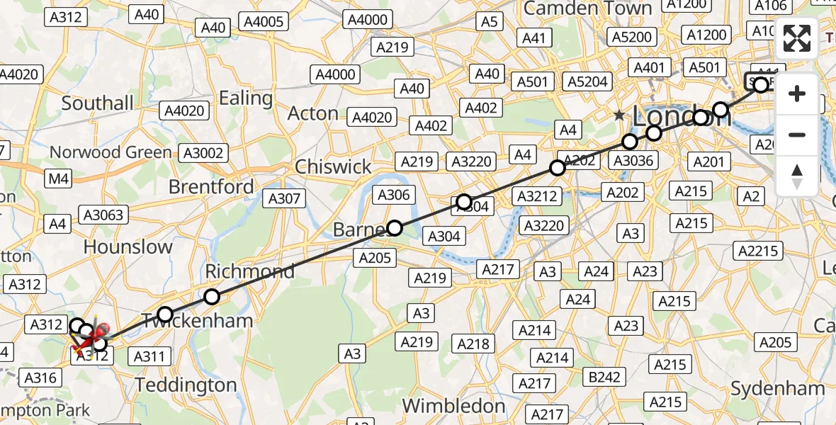 Flight path map showing Air Ambulance Helicopter route from Royal London Hospital to London Borough of Hounslow