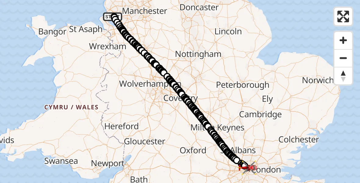 Flight path map showing Air Ambulance Helicopter route from Liverpool to London Borough of Camden