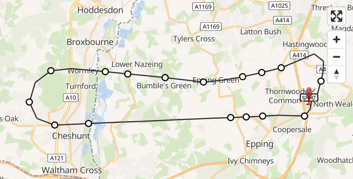 Flight path map showing Air Ambulance Helicopter route from North Weald Airfield to North Weald Airfield