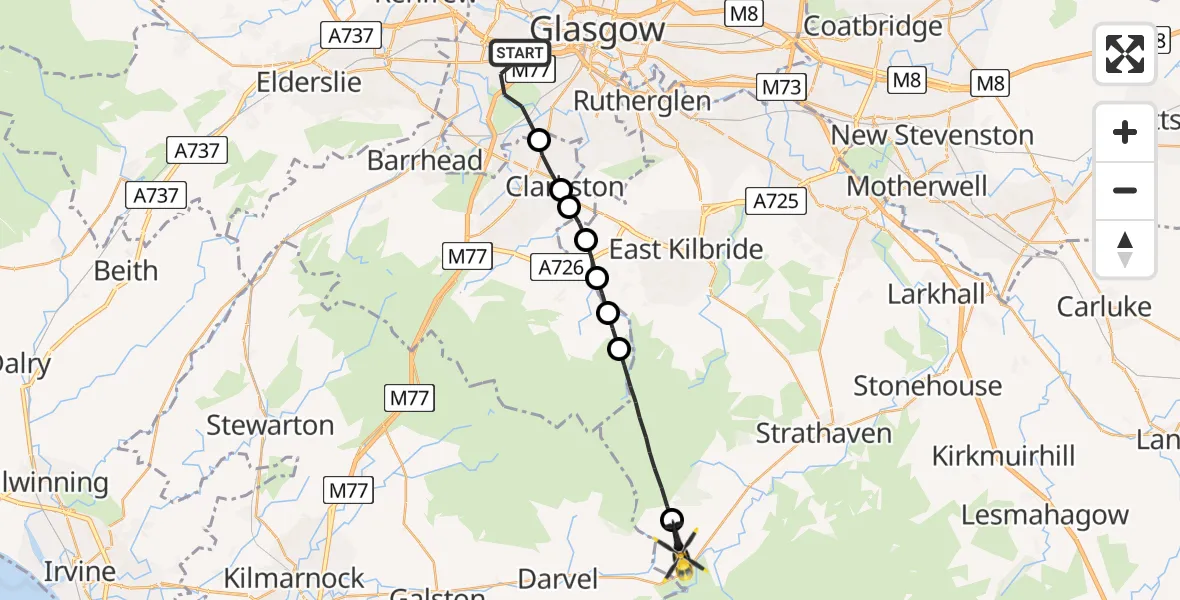 Flight path map showing Police Helicopter route from Glasgow to Drumclog