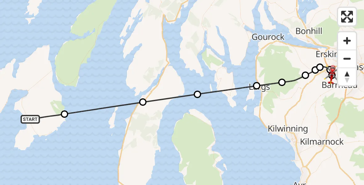 Flight path map showing Air Ambulance Helicopter route from Glenegedale to Royal Alexandria Hospital Paisley