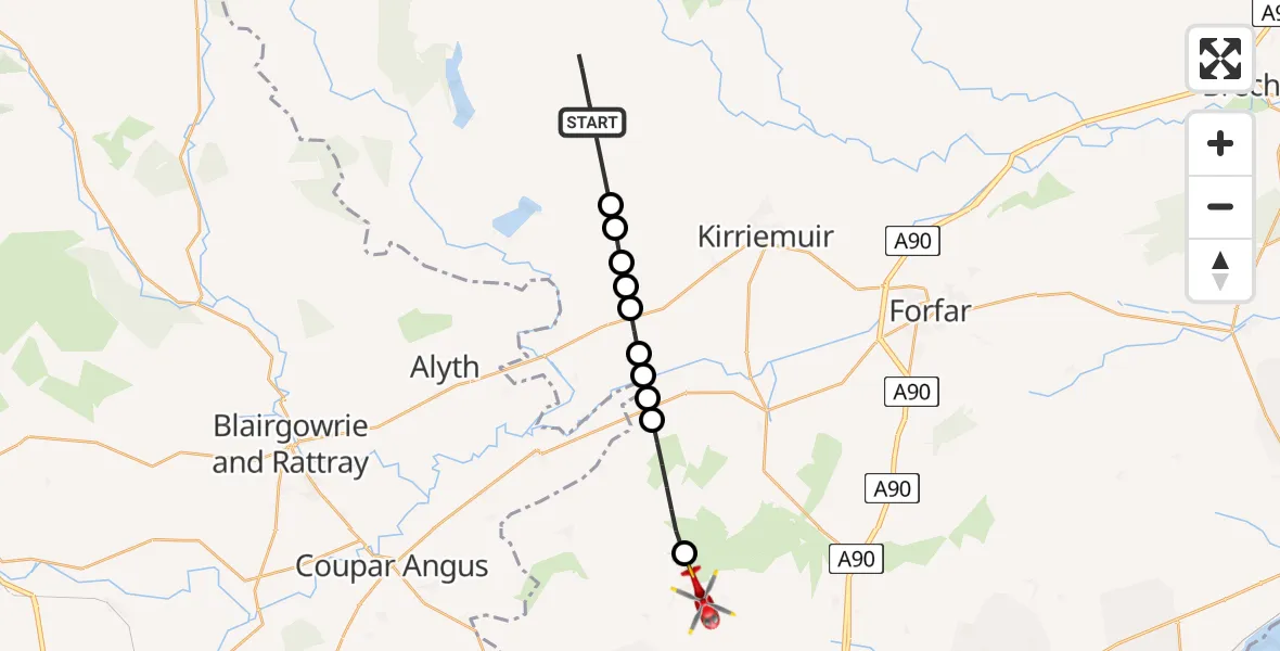 Flight path map showing Air Ambulance Helicopter route from Auldallan to Kirkton of Tealing