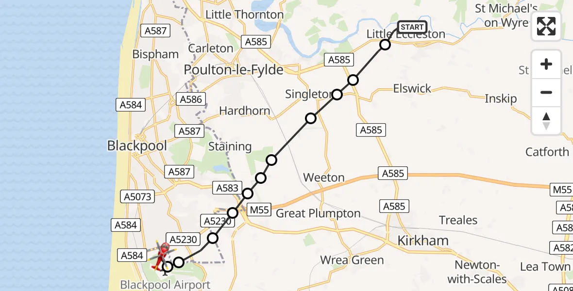 Flight path map showing Air Ambulance Helicopter route from Great Eccleston to Blackpool Airport